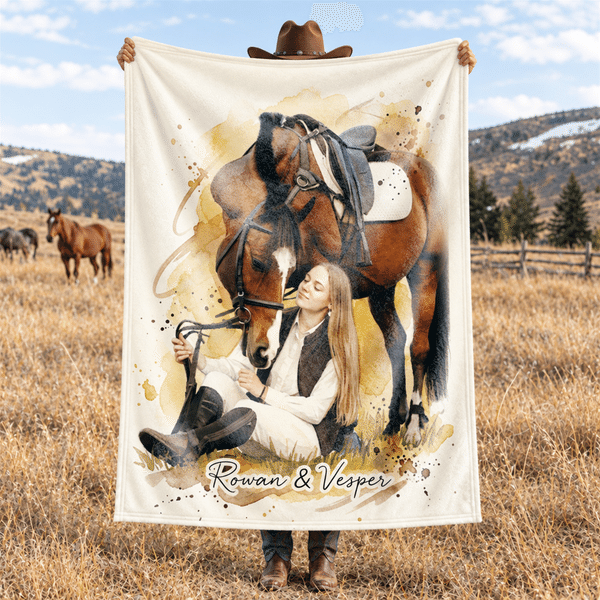 Personalised Watercolor Horse Portrait Soft Throw Blanket with Text Home Decor Birthday Christmas Gift for Horse Lovers
