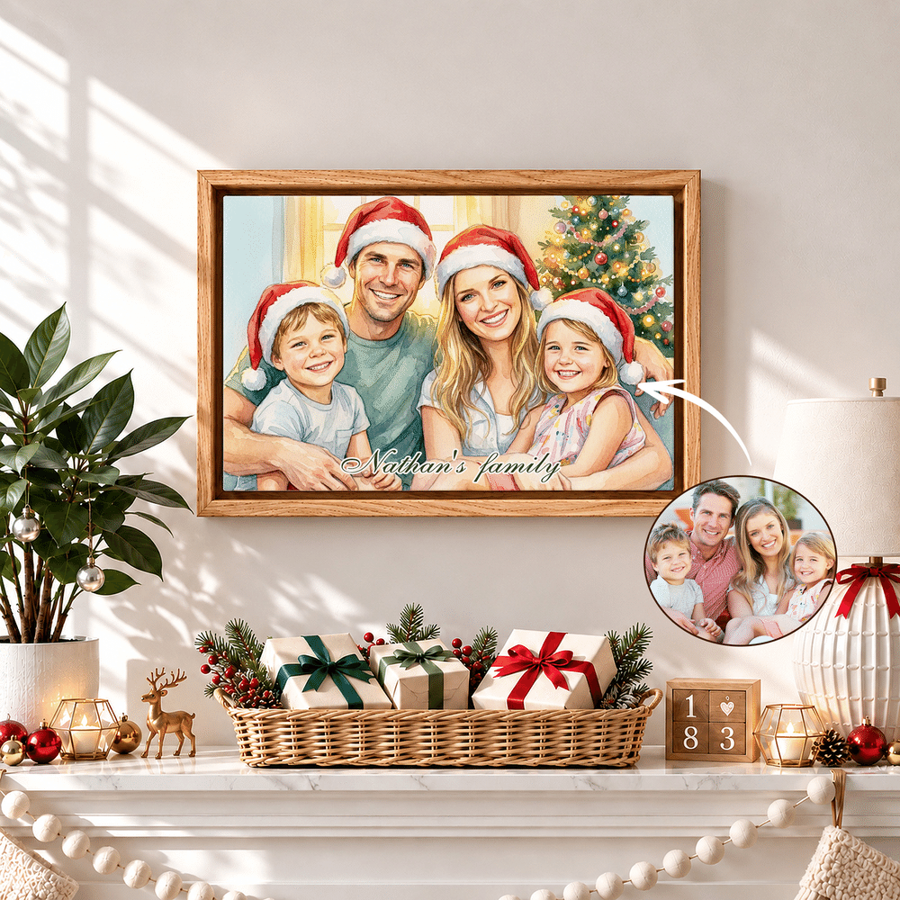 Personalised Christmas Theme Watercolor Style Family Photo Canvas Prints with Text Home Decor Christmas Birthday Gift for Family 2