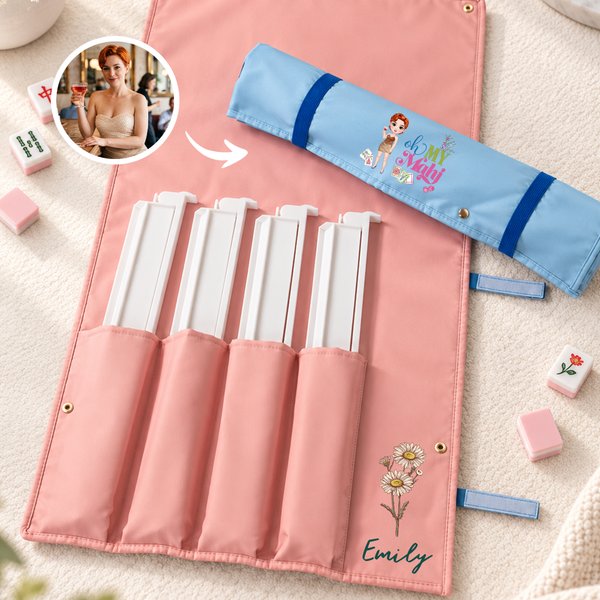 Personalized Birth Flower Cartoon Girl Portable Mahjong Rack Storage Bag with Name and Racks Game Night Birthday Gift for Mahjong Lovers