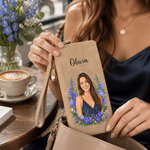 Personalized Birth Flower Aesthetic Photo PU Leather Tri-Fold Wallet with Wrist Strap and Name Daily Use Birthday Gift for Besties Friends Family