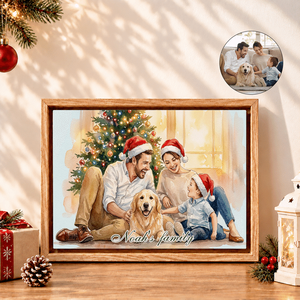Stampe su tela personalizzate con foto di famiglia in stile acquerello a tema natalizio, con testo – Decorazioni per la casa – Regalo di Natale o di compleanno per la famiglia