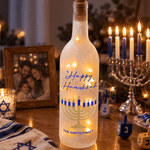 Personalized Warm LED Hanukkah Menorah Glass Bottle Lamp with Family Name and Text Home Decor Hanukkah Gift for Jewish Family
