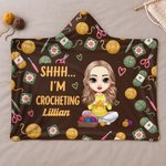 Personalized Cartoon Character Knitting Theme Hooded Blanket with Name Birthday Gift for Woman Mom Friend