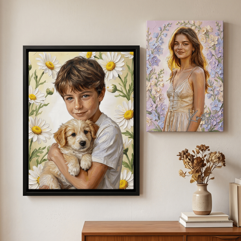 Gepersonaliseerde fotodoeken in olieverfstijl met geboortebloem en naam – woondecoratie en verjaardagscadeau voor familie en vrienden 7