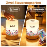Personalisiertes LED Nachtlicht mit Geburtsblumen & Namen | Touch Lampe in Holzoptik | Kabellos & Dimmbar | Geburtstagsgeschenk für Frauen & Kinder