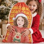 Personalised Watercolor Style Photo Canvas Drawstring Gift Bag with Name Christmas Eve Party Gift for Kids