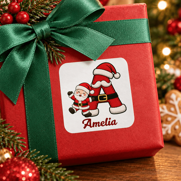 Personalised Christmas Theme Santa Snowman Initial Pattern Waterproof Stickers with Name Christmas Party Holiday Gift for Kids Friends Family