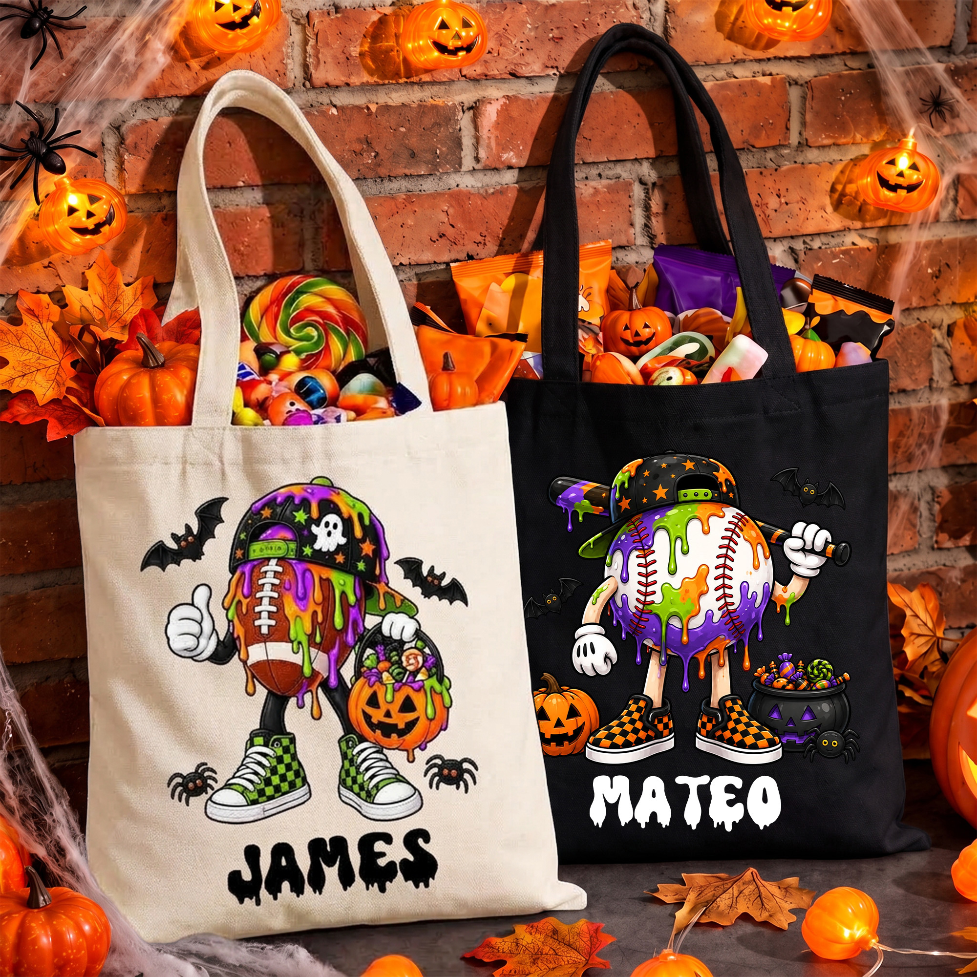 Personalisierte große Leinwand-Süßigkeitentasche im Halloween-Design mit „Trick or Treat“-Motiv und Namensaufdruck – Halloween-Geschenk für den täglichen Gebrauch für sportbegeisterte Kinder
