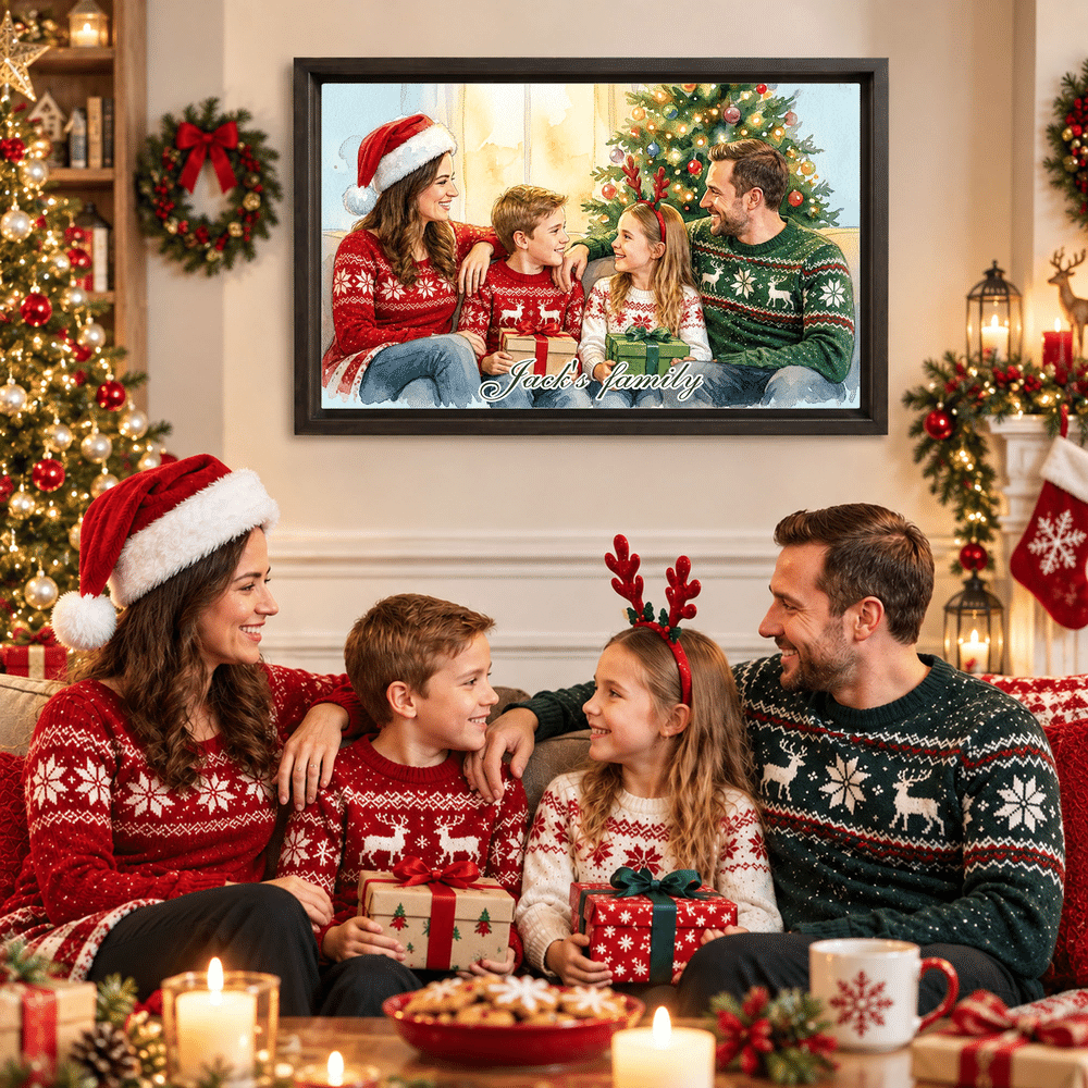 Personalised Christmas Theme Watercolor Style Family Photo Canvas Prints with Text Home Decor Christmas Birthday Gift for Family 3