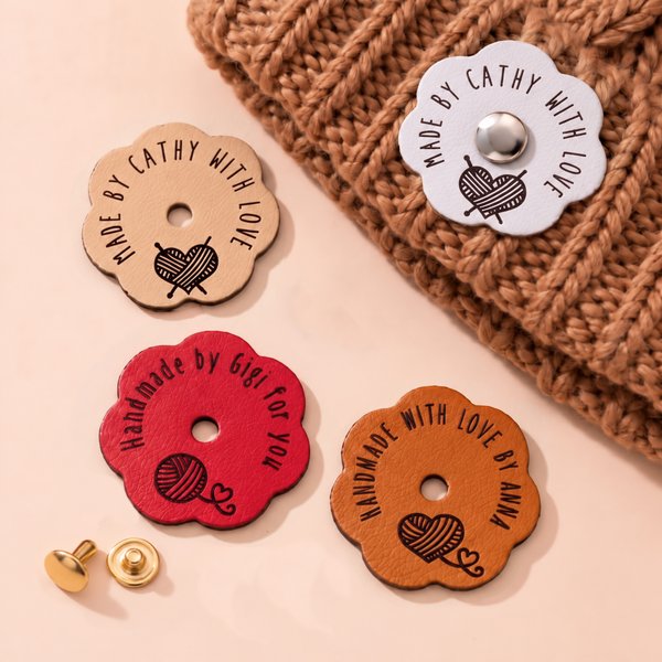 Personalised Flower PU Leather Labels Set of 10 with Icon and Text DIY Knitting & Crochet Tags Birthday Gift for Sewing Lovers Knitters