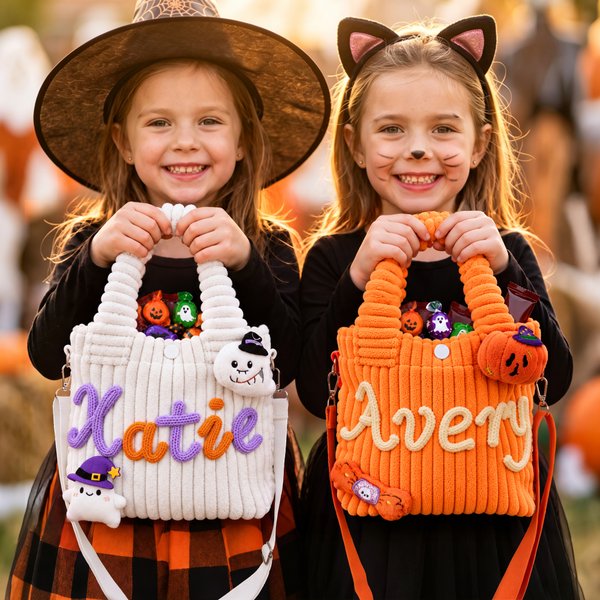 Gepersonaliseerde, griezelige handtas van corduroy met vleermuis, pompoen en spookmotief, ‘Trick-or-Treat’-opdruk en naam – Halloween-cadeau voor kinderen