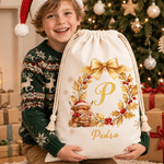 Personalized Christmas Highland Cow Holly Garland Large Capacity Canvas Drawstring Gift Bag with Name Christmas Gift for Highland Cow Lovers Family