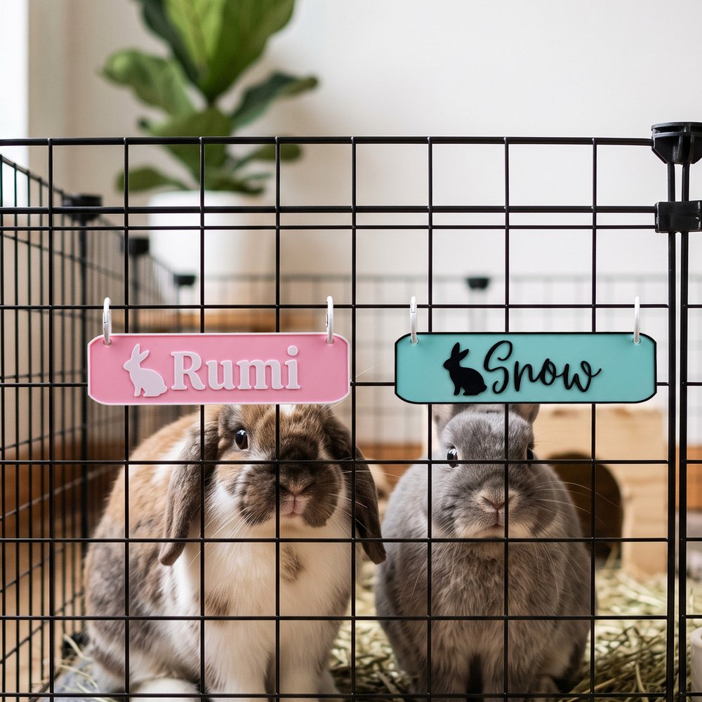 Etichetta personalizzata con sagoma di coniglietto carino stampata in 3D, cartellino per gabbia per animali domestici, regalo di compleanno per gli amanti dei conigli 3