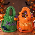 Gepersonaliseerde, griezelige handtas van corduroy met vleermuis, pompoen en spookmotief, ‘Trick-or-Treat’-opdruk en naam – Halloween-cadeau voor kinderen
