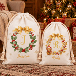Personalized Christmas Highland Cow Holly Garland Large Capacity Canvas Drawstring Gift Bag with Name Christmas Gift for Highland Cow Lovers Family