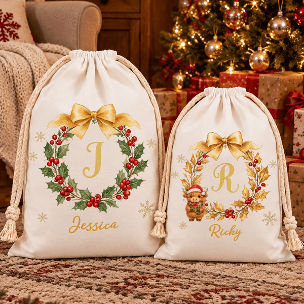 Personalized Christmas Highland Cow Holly Garland Large Capacity Canvas Drawstring Gift Bag with Name Christmas Gift for Highland Cow Lovers Family