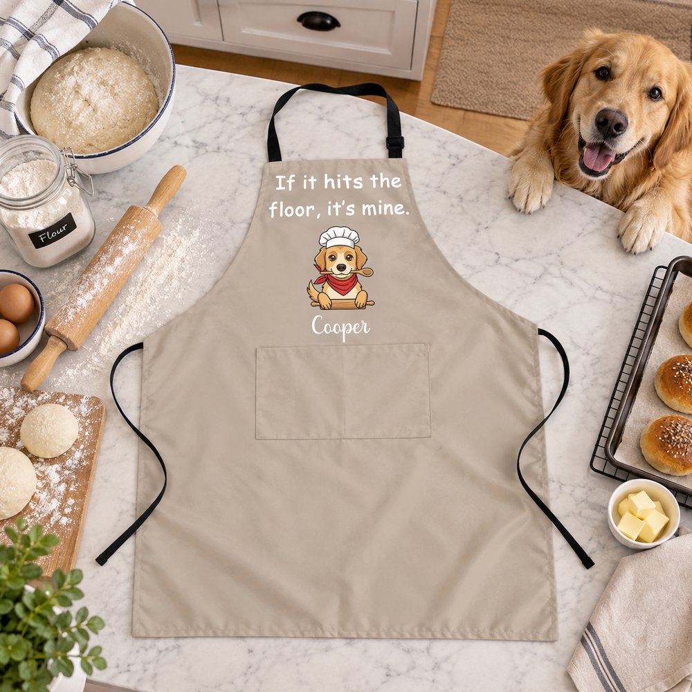 Delantal de cocina ajustable y personalizado con foto de un personaje de dibujos animados multicolor, con frase, nombre y bolsillo; ideal como regalo de cumpleaños para una barbacoa al aire libre para el dueño de una mascota 2