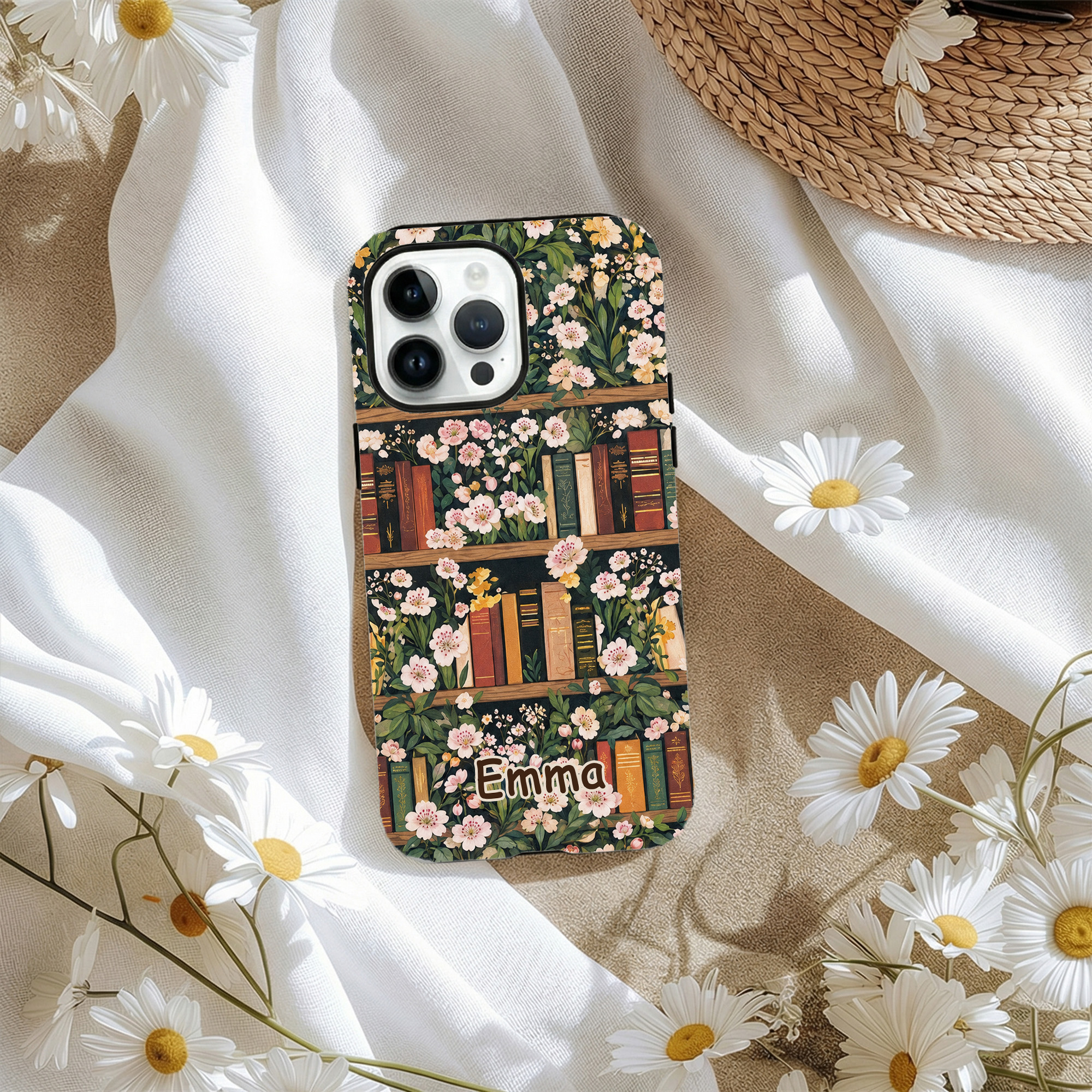 Personalisierte Vintage-Geburtsblumen-Bücherregal-Handyhülle in doppelter Ausführung für iPhone und Samsung mit Namen – Alltagsgeschenk zum Geburtstag für Buchliebhaberinnen