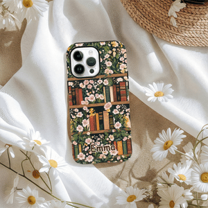 Gepersonaliseerde vintage geboortebloem-boekenplank-telefoonhoesje met twee lagen voor iPhone en Samsung, met naam – geschikt voor dagelijks gebruik, verjaardagscadeau voor boekenliefhebbers en vrouwen