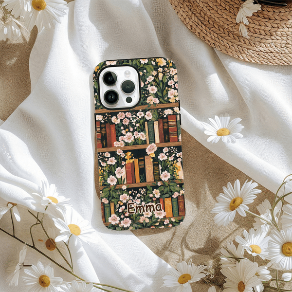 Personalized Vintage Birth Flower Bookshelf Double Layer Phone Case for iPhone Samsung with Name Daily Use Birthday Gift for Book Lovers Women
