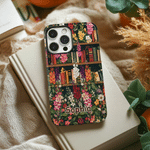 Gepersonaliseerde vintage geboortebloem-boekenplank-telefoonhoesje met twee lagen voor iPhone en Samsung, met naam – geschikt voor dagelijks gebruik, verjaardagscadeau voor boekenliefhebbers en vrouwen
