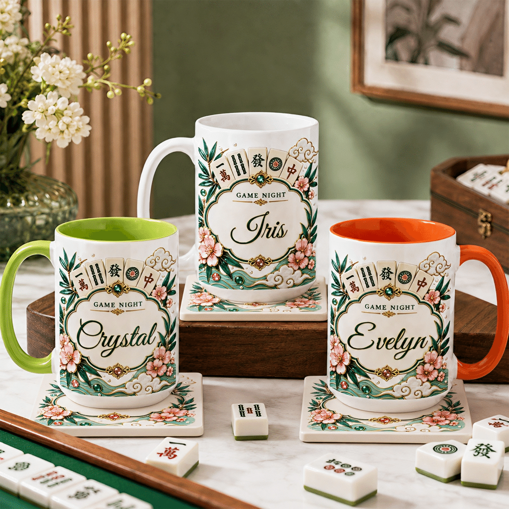 Tasse en céramique personnalisée « Mahjong Floral Multicolor » de 11 oz ou 15 oz, avec sous-verre et prénom – Cadeau d'anniversaire pour les amateurs et joueurs de mah-jong, idéal pour une soirée mah-jong 5