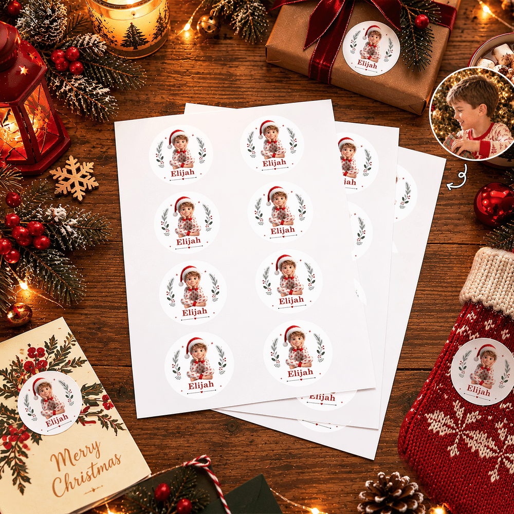 Gepersonaliseerde schattige kerstmuts met 3D-effect, cartoonfiguurtje in zittende houding, fotostickers met naam, cadeauverpakkingsetiket, kerstcadeau voor kinderen 6