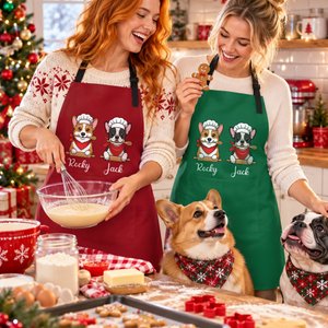 Delantal de cocina ajustable y personalizado con foto de un personaje de dibujos animados multicolor, con frase, nombre y bolsillo; ideal como regalo de cumpleaños para una barbacoa al aire libre para el dueño de una mascota