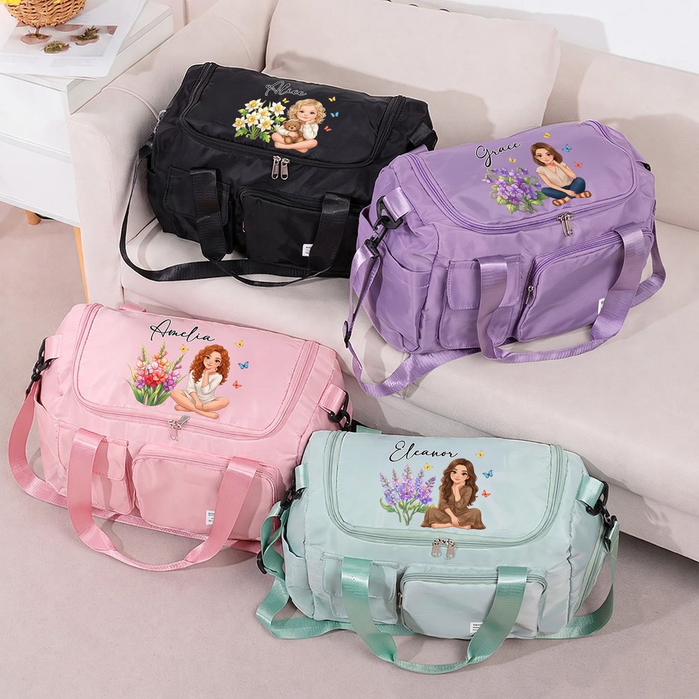Borsa da viaggio personalizzata con fiore del mese di nascita, farfalla, foto e personaggio dei cartoni animati, grande e con scomparti multipli, con nome e tracolla – Regalo di compleanno per donne 2