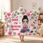 Personalized Cartoon Character Knitting Theme Hooded Blanket with Name Birthday Gift for Woman Mom Friend
