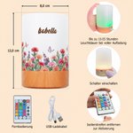 Personalisiertes LED Nachtlicht mit Geburtsblumen & Namen | Touch Lampe in Holzoptik | Kabellos & Dimmbar | Geburtstagsgeschenk für Frauen & Kinder
