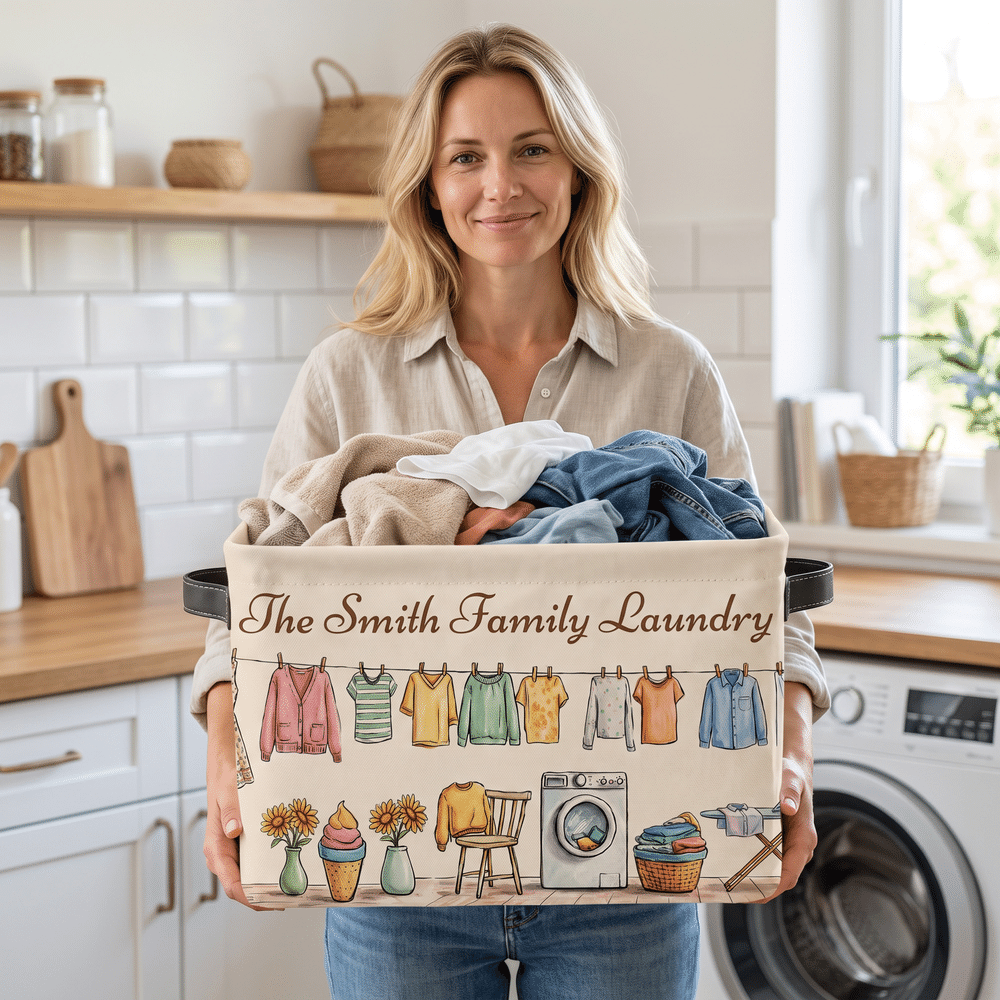 Personalized Hand-Drawn Clothesline Print Large Capacity Laundry Basket with Text and Handle Bedroom Decor Birthday Christmas Gift for Family Mom 4