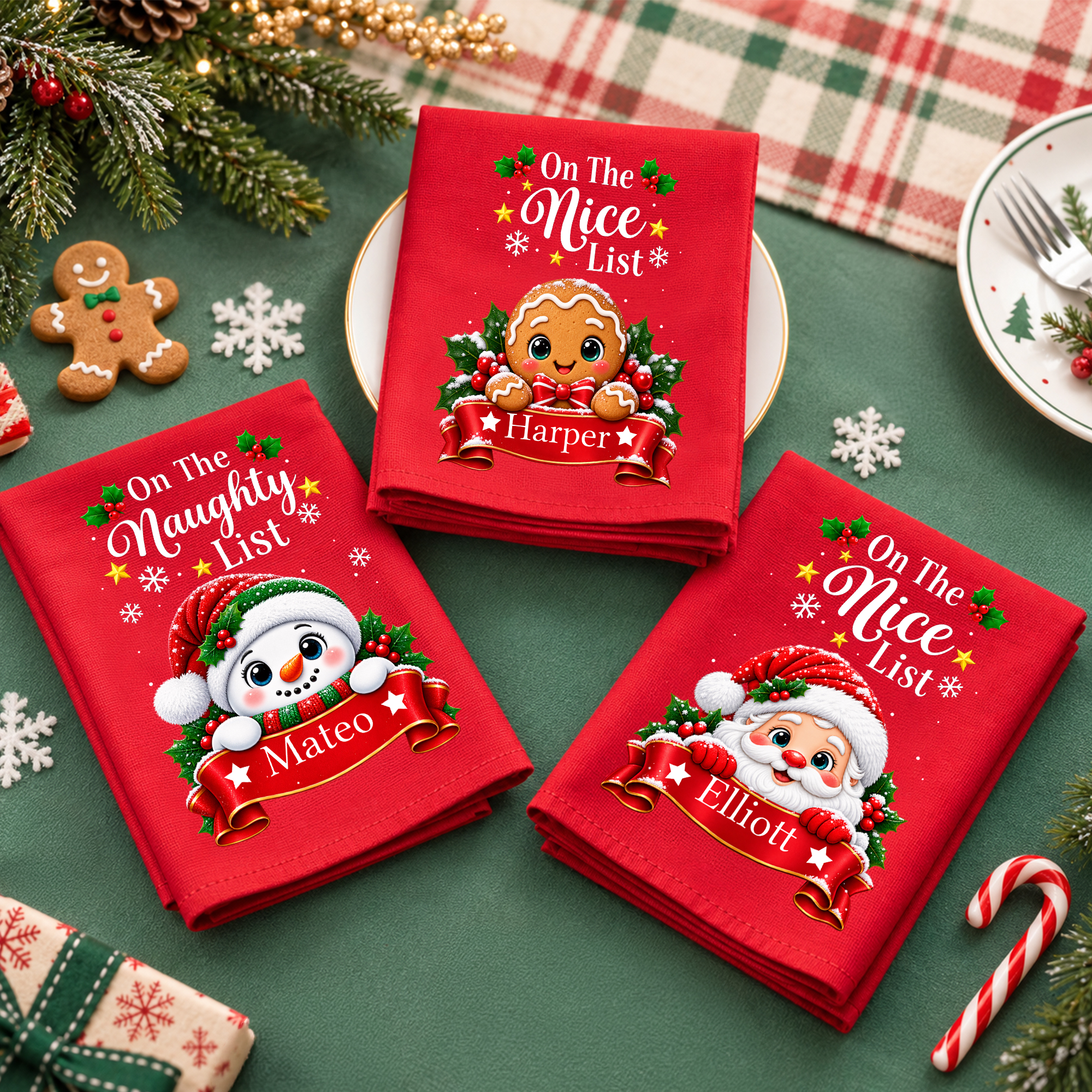 Personalisierte Weihnachts-Serviette mit „On the Nice List“-Motiv, aus 100 % Baumwolle, wiederverwendbar, rot, mit Namen – Tischdekoration, Weihnachtsgeschenk für die Familie