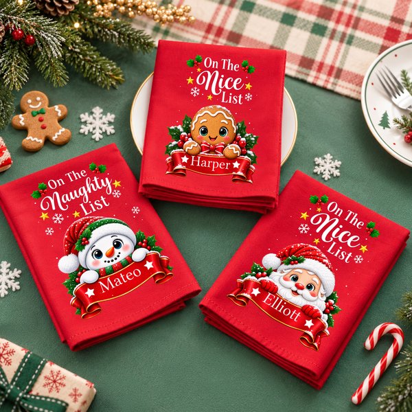 Personalized On the Nice List Christmas Element Design Reusable 100% Cotton Red Napkin with Name Table Decor Christmas Gift for Family