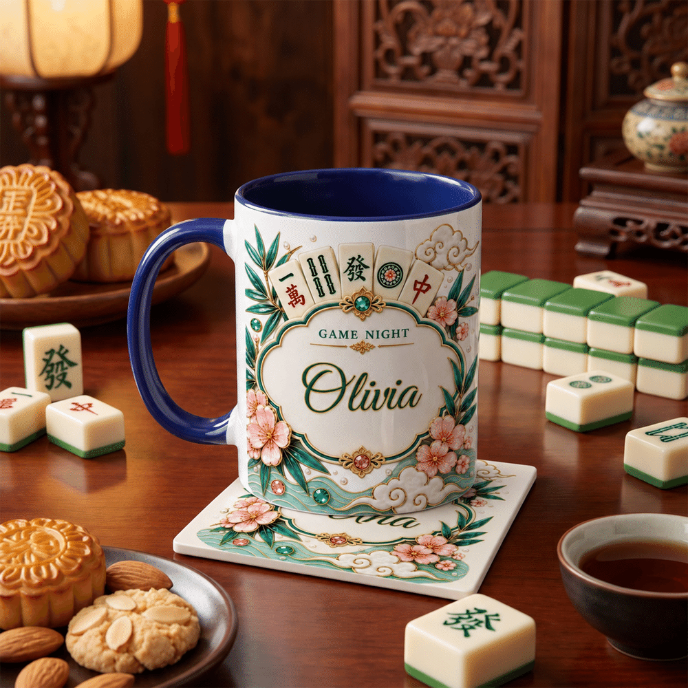 Tasse en céramique personnalisée « Mahjong Floral Multicolor » de 11 oz ou 15 oz, avec sous-verre et prénom – Cadeau d'anniversaire pour les amateurs et joueurs de mah-jong, idéal pour une soirée mah-jong 2