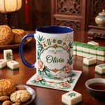 Tasse en céramique personnalisée « Mahjong Floral Multicolor » de 11 oz ou 15 oz, avec sous-verre et prénom – Cadeau d'anniversaire pour les amateurs et joueurs de mah-jong, idéal pour une soirée mah-jong 2