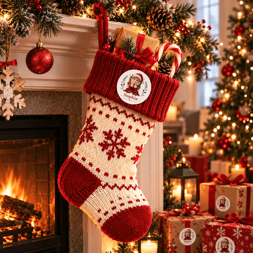 Gepersonaliseerde schattige kerstmuts met 3D-effect, cartoonfiguurtje in zittende houding, fotostickers met naam, cadeauverpakkingsetiket, kerstcadeau voor kinderen 3