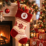 Gepersonaliseerde schattige kerstmuts met 3D-effect, cartoonfiguurtje in zittende houding, fotostickers met naam, cadeauverpakkingsetiket, kerstcadeau voor kinderen 3