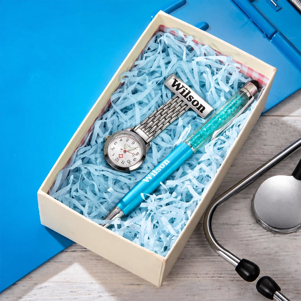 Personalised Medical Clip on Fob Watch & Ballpoint Pen Set with Engraved Name and Gift Box Thank You Birthday Gift for Nurses Doctors Vets 2