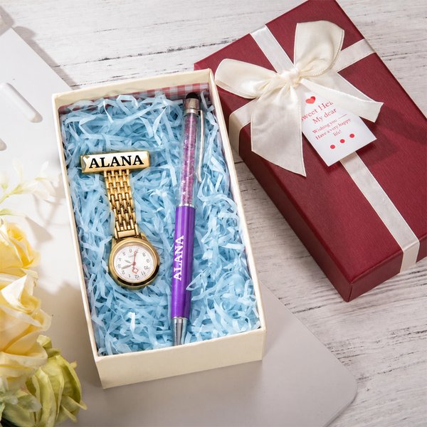 Personalized Medical Clip on Fob Watch & Ballpoint Pen Set with Engraved Name and Gift Box Thank You Birthday Gift for Nurses Doctors Vets