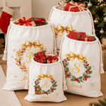 Personalized Christmas Highland Cow Holly Garland Large Capacity Canvas Drawstring Gift Bag with Name Christmas Gift for Highland Cow Lovers Family