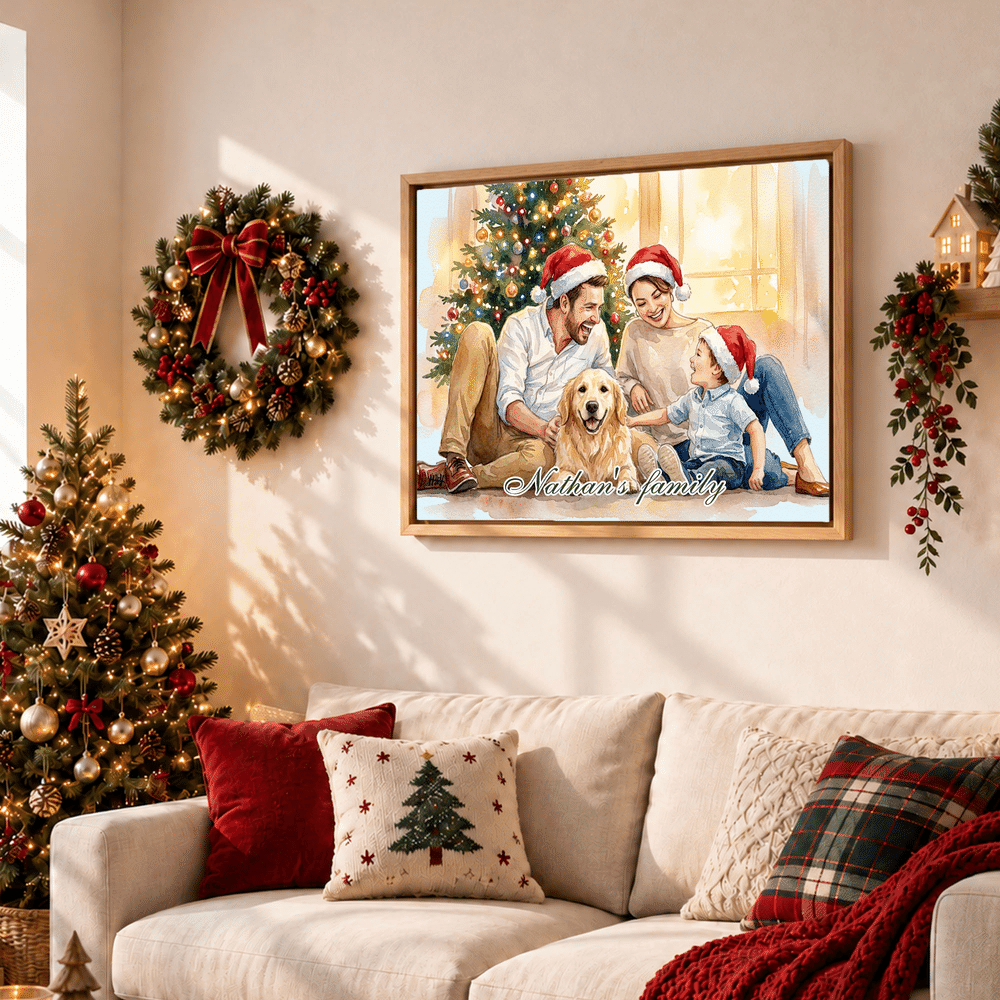 Personalised Christmas Theme Watercolor Style Family Photo Canvas Prints with Text Home Decor Christmas Birthday Gift for Family 4
