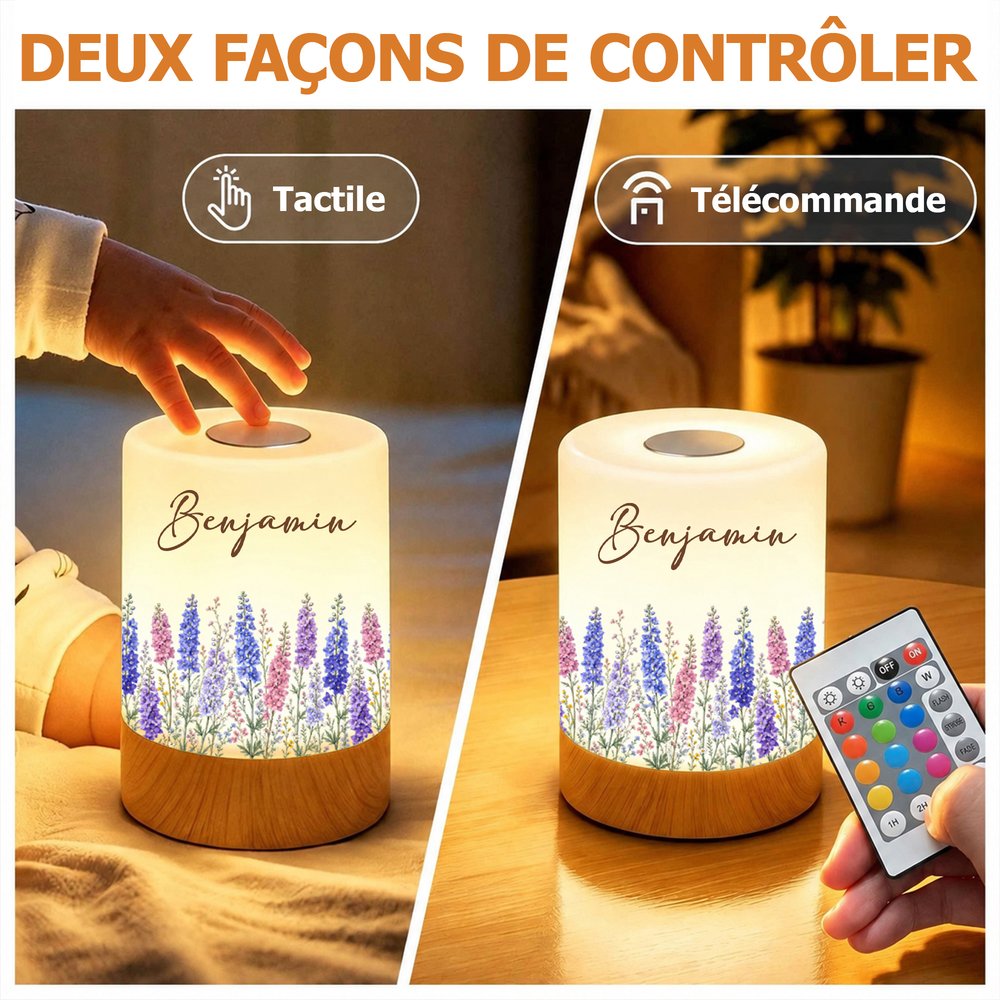 Veilleuse tactile variateur personnalisée avec nom et fleur de naissance - Couleur réglable - Cadeau d'anniversaire pour jeune maman 4