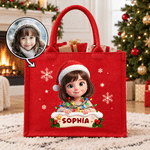 Personalised 3D-Effect Artwork Christmas Lights Wrapped Large Linen Tote Bag with Name and Photo Christmas Party Gift for Kids Family Friends