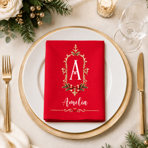 Servilleta roja de algodón 100 %, de estilo vintage y de lujo, personalizada con iniciales y nombre, ideal como decoración de mesa y regalo de Navidad para familiares y amigos