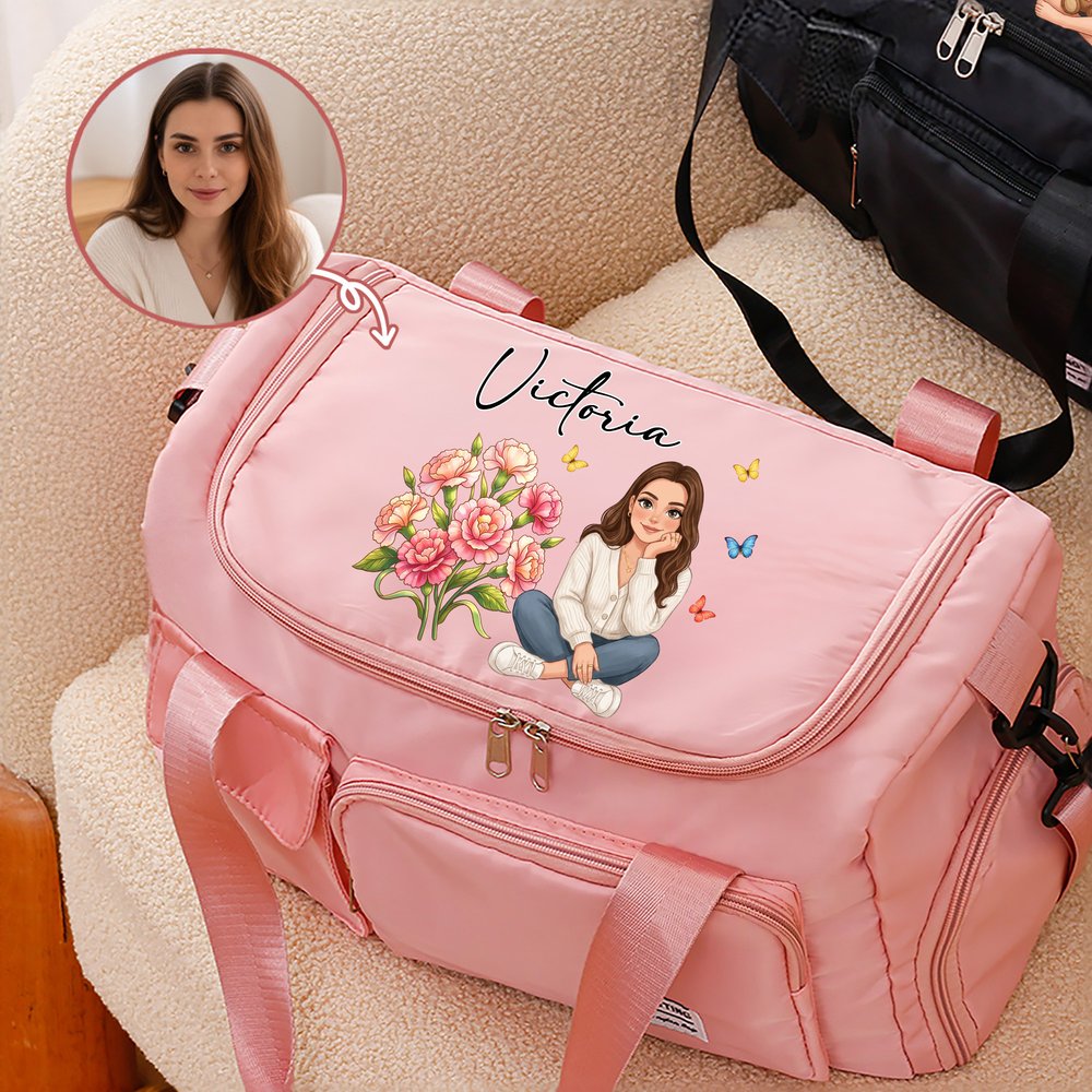Borsa da viaggio personalizzata con fiore del mese di nascita, farfalla, foto e personaggio dei cartoni animati, grande e con scomparti multipli, con nome e tracolla – Regalo di compleanno per donne 3