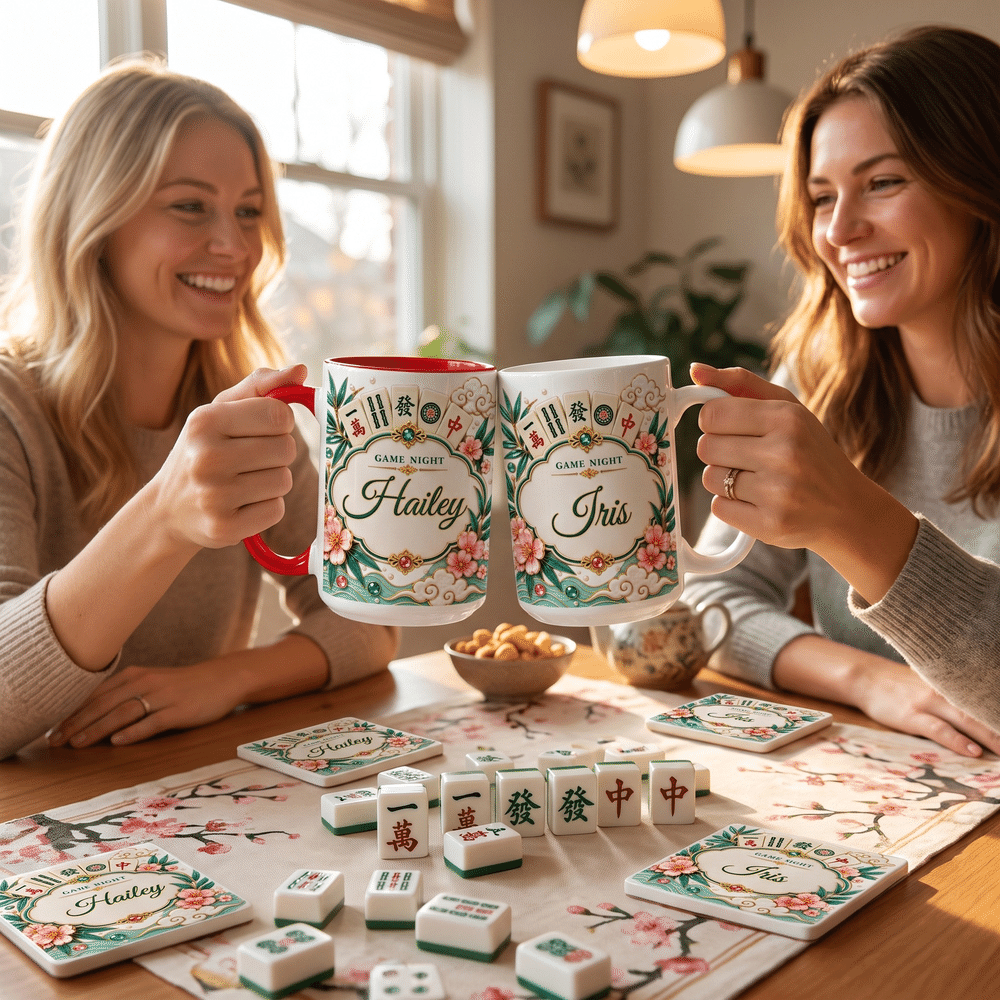 Tasse en céramique personnalisée « Mahjong Floral Multicolor » de 11 oz ou 15 oz, avec sous-verre et prénom – Cadeau d'anniversaire pour les amateurs et joueurs de mah-jong, idéal pour une soirée mah-jong 6