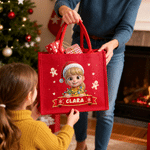 Personalised 3D-Effect Artwork Christmas Lights Wrapped Large Linen Tote Bag with Name and Photo Christmas Party Gift for Kids Family Friends