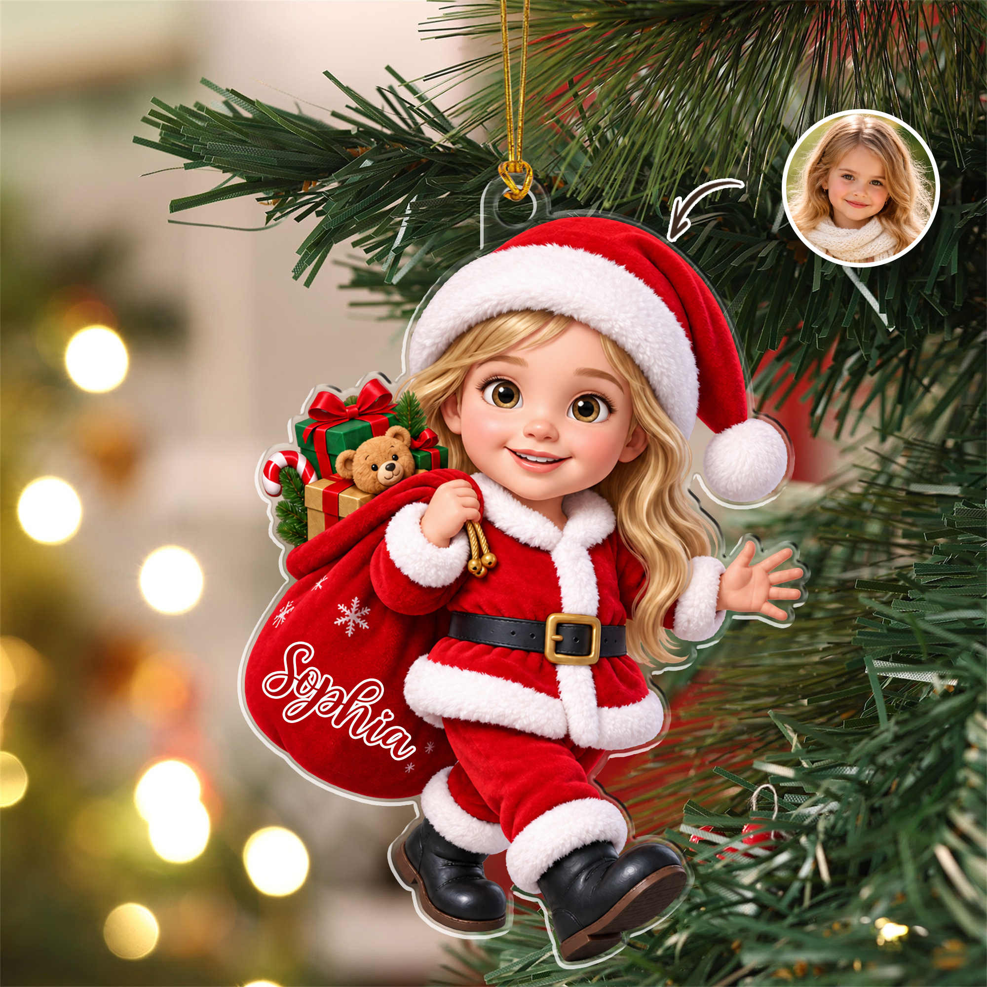 Personalized 3D-Style Art Cartoon Photo Acrylic Ornament with Name Tree Decoration Christmas Gift for Families
