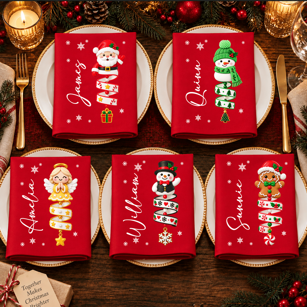 Personalized Cartoon Christmas Character 100% Cotton Red Napkin with Name Table Decor Christmas Party Gift for Kids Family 7